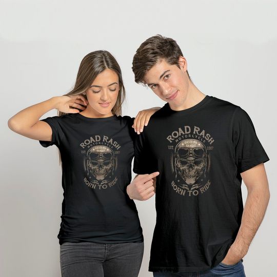 Discover T-shirt de Homem e Mulher com Crânio de Motociclista