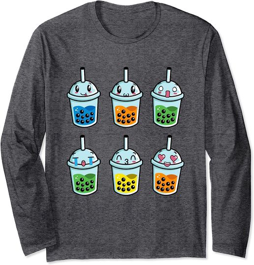Discover Kawaii Boba Bubble Tea Cute Anime Face. Otaku Harajuku Long Sleeve