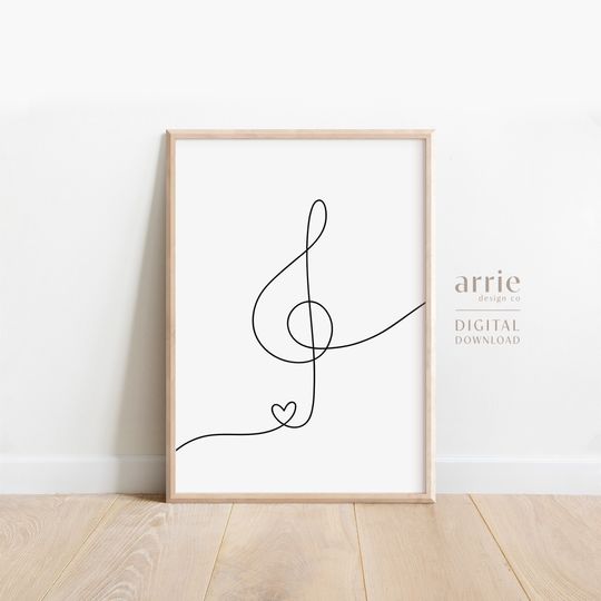 Discover 심장 고음 음자리표 라인 아트, 현대 음악 포스터                 .