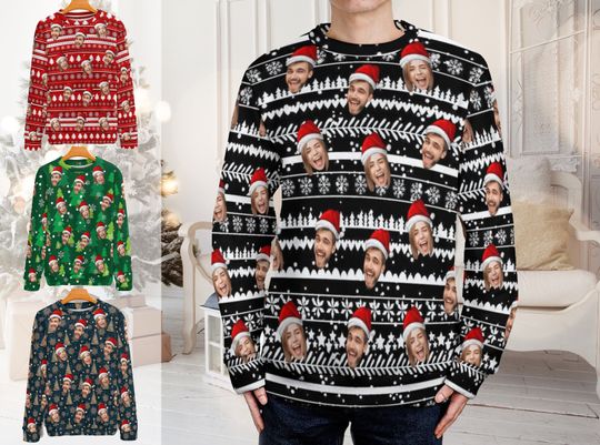 Discover 남자의 얼굴이 프린트된 어글리 크리스마스 스웨터, 크리스마스 스웨터, 크리스마스 선물
