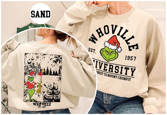 Discover 크리스마스 Whoville University Est 1957 양면 스웨터, 레트로 그린치 크리스마스 양면 스웨터, 메리 그린치마스 양면 스웨터