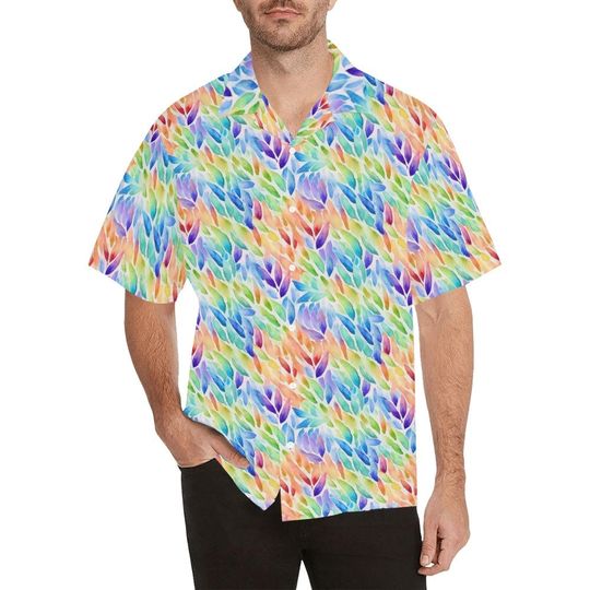 Discover Rainbow Leaves Men Hawaiian shirt, Pride Vintage Tie Dye Vintage Aloha Hawaii Retro Summer Tropical Beach Plus Size Cool Button Down Shirt