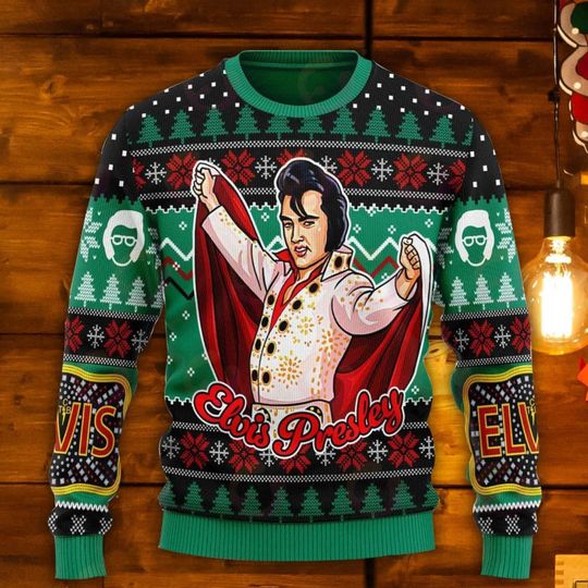 Discover 엘비스 벨트 버클 크리스마스 어글리 맨투맨, 2023 크리스마스 어글리 스웨터