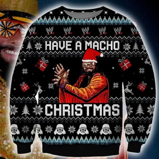 Discover 마초 크리스마스 어글리 스웨터를 입고, 마초 맨 랜디 새비지 선풍기 어글리 스웨터 온 프린트, 2023 크리스마스 스웨터 3D