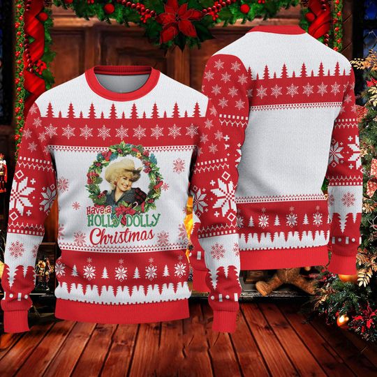 Discover 홀리 돌리 크리스마스 어글리 스웨터를 즐겨보세요. 돌리 팬 어글리 크리스마스 스웨터 오버 프린트