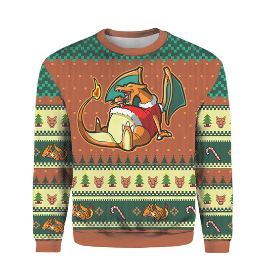 Discover 지팡이 사탕을 먹는 리자몽 크리스마스 어글리 스웨터, 리자몽 어글리 스웨터 전체 프린트, 리자몽 어글리 크리스마스 스웨터 3D
