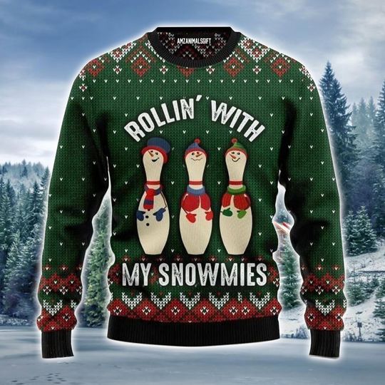Discover 눈송이로 울퉁불퉁한 크리스마스 스웨터를 입고 볼링을 치고, 크리스마스 어글리 스웨터