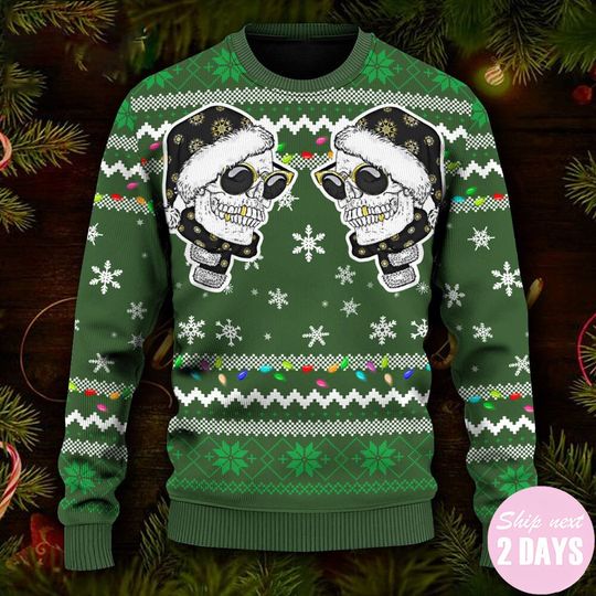 Discover 멋진 쌍둥이 산타 해골 어글리 크리스마스 해골 스웨터, 크리스마스 어글리 스웨터 2023, 어글리 크리스마스 스웨터
