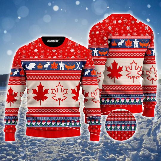 Discover 캐나다 단풍잎 어글리 크리스마스 스웨터, 크리스마스 패턴 어글리 스웨터