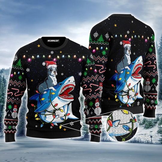 Discover 보스턴 테리어 어글리 스웨터, 상어와 보스턴 테리어 웃긴 어글리 크리스마스 스웨터