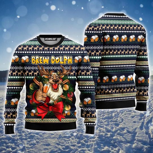 Discover 브루돌프 순록 맥주 패턴 못생긴 남녀용 크리스마스 스웨터