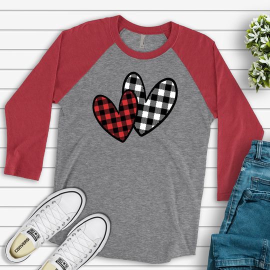 Discover Valentine's Day Raglan, Cute Red And Black Buffalo Plaid Hearts Valentine Design on premium Raglan 3/4 sleeve shirt, plus size, 2X, 3X