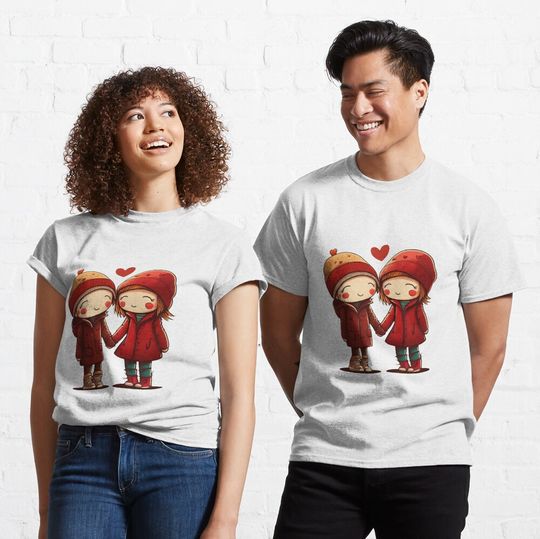 Discover 손을 잡고 귀여운 발렌타인 데이 커플 클래식 티셔츠