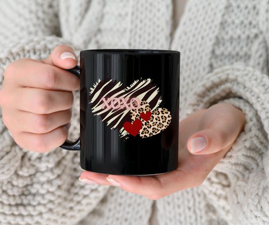 Discover Valentines Day Mug  XOXO Black Valentine's Day Ceramic Mug  Animal Print Hearts Gift