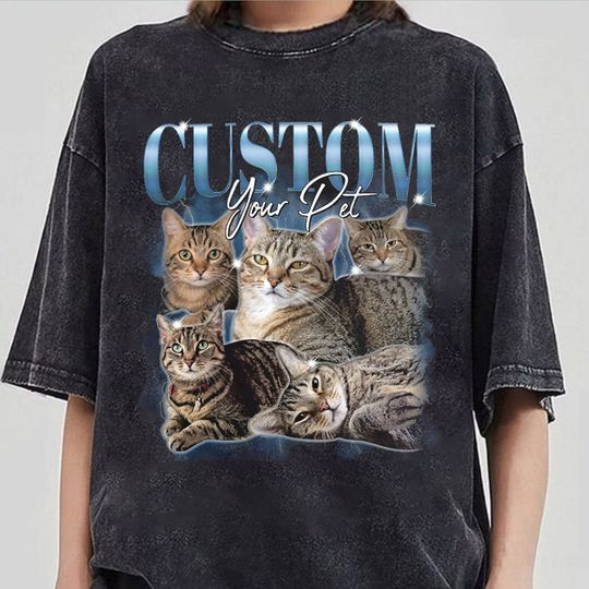 Discover Pet Custom Vintage Washed Shirt, Custom Cat Graphic Unisex T-Shirt, Dog Personalize Bootleg Retro 90's Tee Gift For Her, Pet Lover Shirt