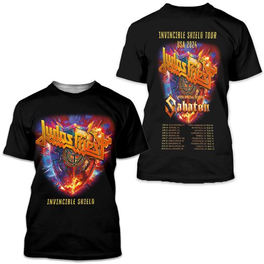 Discover Judas Priest Invincible Shield Tour USA 2024 com camisa Sabaton 3D