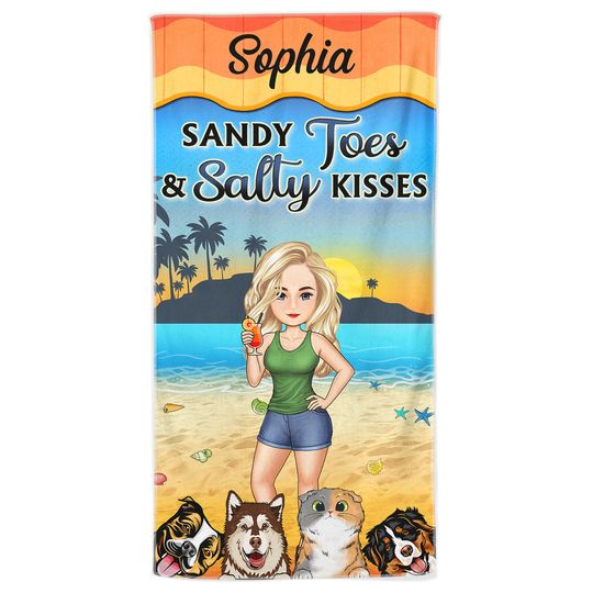 Discover Sandy Toes And Salty Kisses Cartoon Girl Swimming Personalized Custom Beach Towel