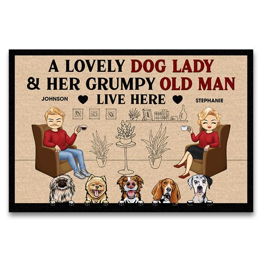 Discover A Lovely Dog Lady And Her Grumpy Old Man Custom Family Couple Personalized Doormat