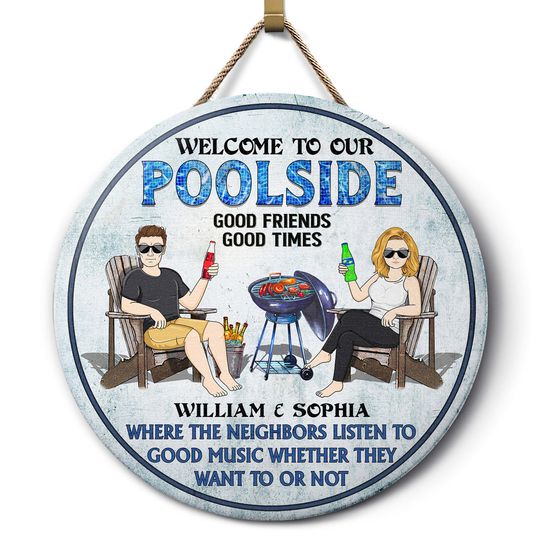 Discover Poolside Grilling Listen To Good Music Couple Husband Wife Personalized Wood Door Sign
