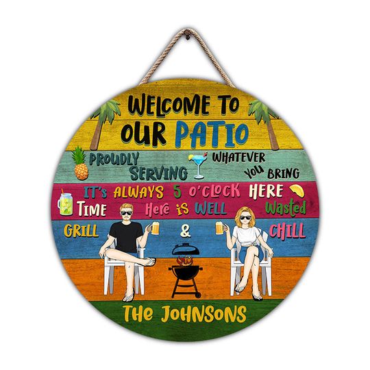 Discover Patio Welcome Grilling Chilling Couples Personalized Custom Wood Door Sign