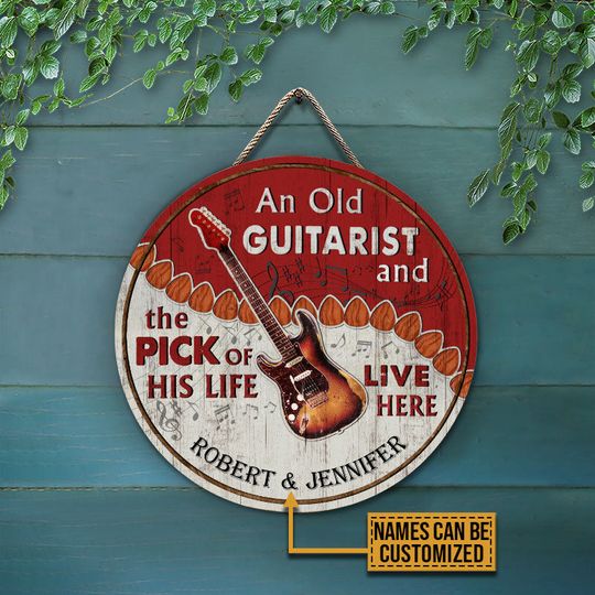 Discover Guitar Old Couple Live Here Red Custom Personalized Wood Door Sign