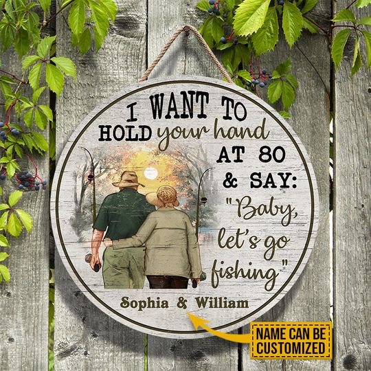 Discover Fishing Old Couple Hold Your Hand Custom Personalized Wood Door Sign