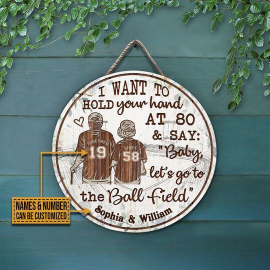 Discover Baseball Old Couple Floral Hold Your Hand Custom Personalized Wood Door Sign