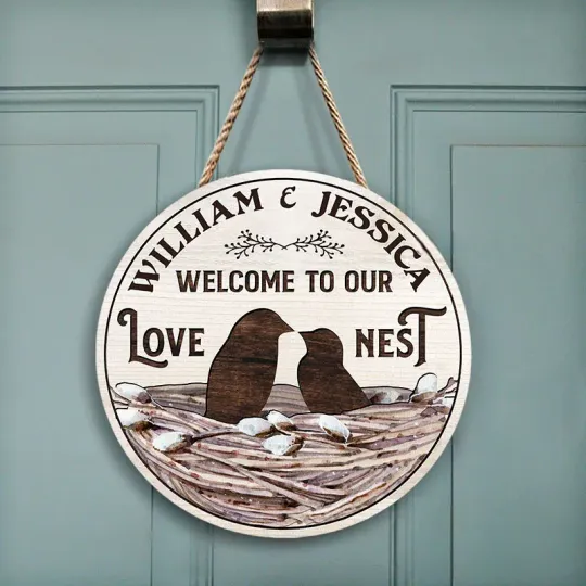 Discover Bird Couple Our Love Nest Custom Personalized Wood Door Sign