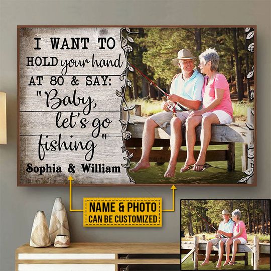Discover Custom Photo Fishing Old Couple Husband Wife Hold Your Hand Photo Gift Personalized Poster