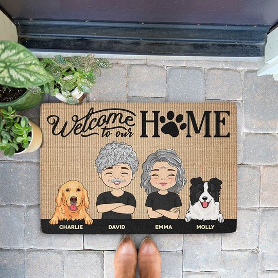 Discover Welcome To Our Home Funny Personalized Family Pets Dogs Lover Custom Doormat
