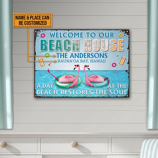 Discover Flamingo Beach House A Day At A Beach Custom Personalized Classic Metal Signs