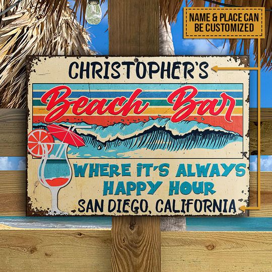 Discover Personalized Beach Bar Happy Hour Outdoor Bar Decor Custom Classic Metal Signs