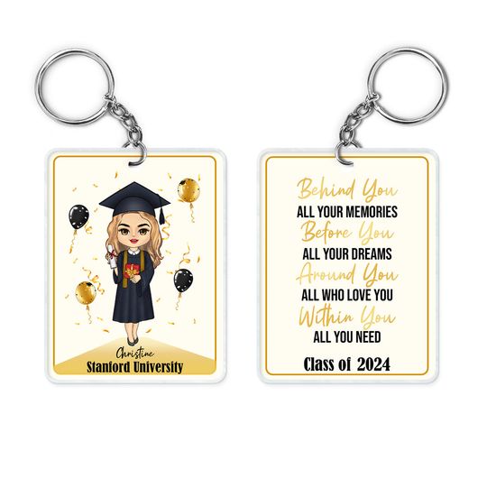 Discover Behind You All Your Memories Custom Graduation Gift Personalized Transparent Keychain