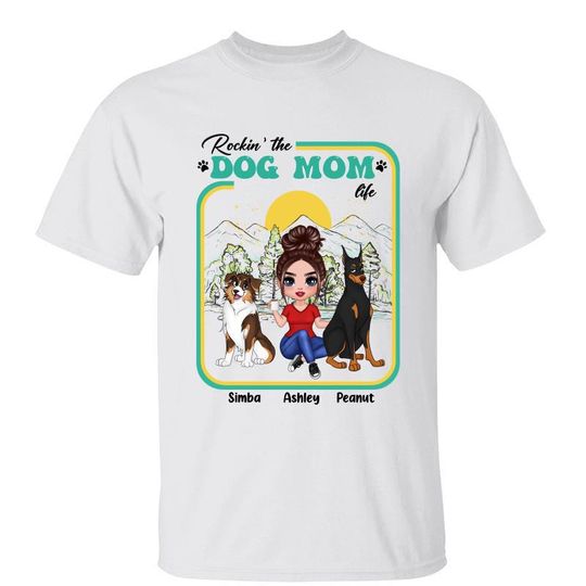 Discover Dog Mom Frame Doll Girl And Cute Sitting Dog Custom Personalized T-Shirt