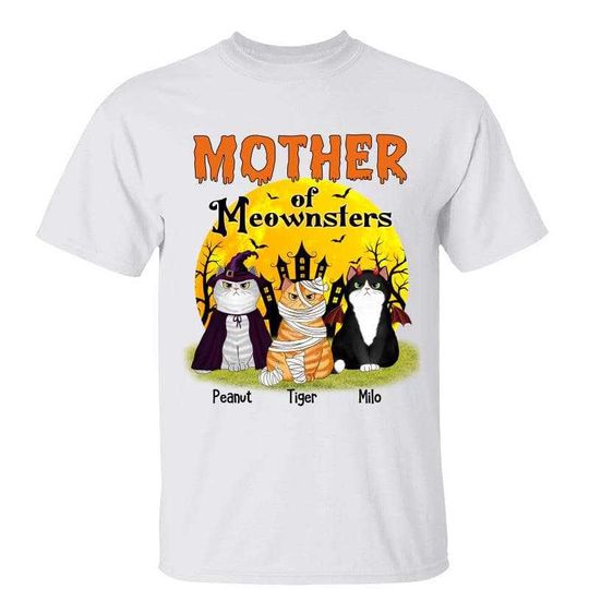 Discover Mother Of Meownsters Fluffy Cats Halloween Yellow Moon Custom Personalized T-Shirt