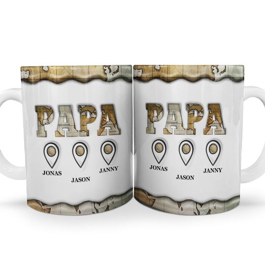 Discover Vintage Map Papa Custom Gift For Dad Grandpa 3D Inflated Effect Personalized Printed 3D Inflated Effect Mugs