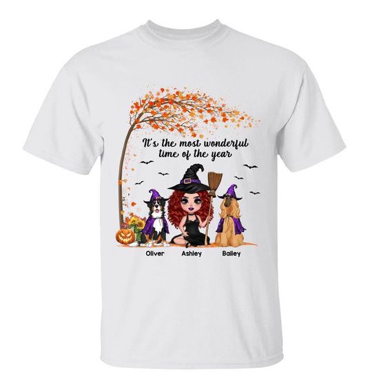 Discover Fall Season Halloween Doll Witch With Dogs Custom Personalized Unisex T-Shirt