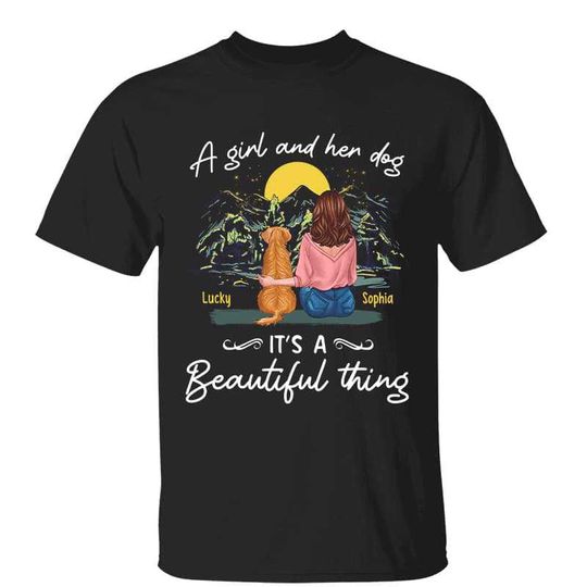 Discover Girl And Dog Beautiful Thing Mountain At Night Personalized Custom T-Shirt