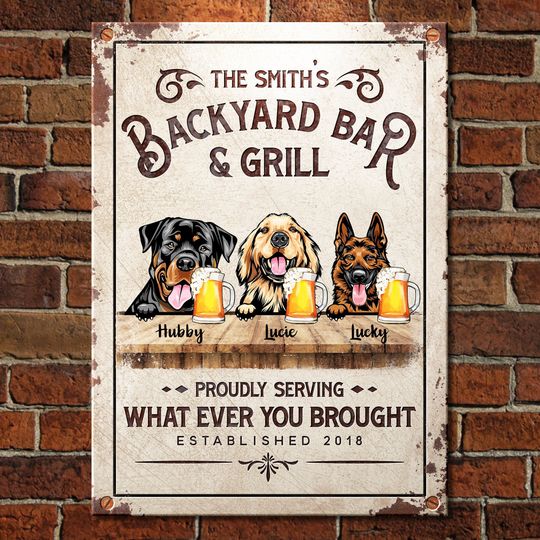 Discover Family Backyard Bar And Grill Funny Personalized Dog Metal Sign