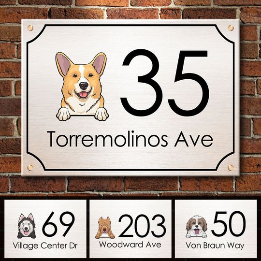 Discover Dog Peeking House Number Personalized Metal Sign