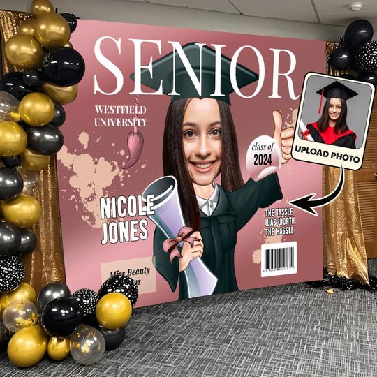 Discover Senior Magazine Cover Caricature - Personalized Graduation Wall Tapestry