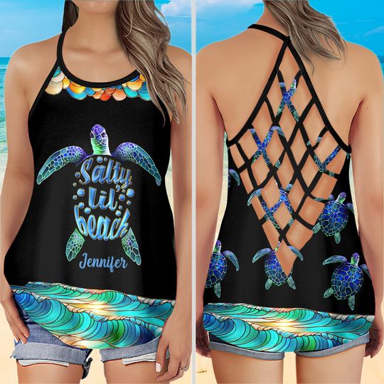 Discover Salty Lil Beach Colorful Stained Glass Pattern - Personalized Turtle Cross Tank Top
