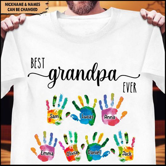 Discover Best Dad Grandpa Ever Colorful Handprint Grandkids Personalized Unisex T-Shirt