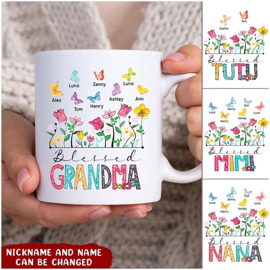 Discover Blessed Grandma Flower Butterfly Custom Gift For Grandma - Personalized Mug