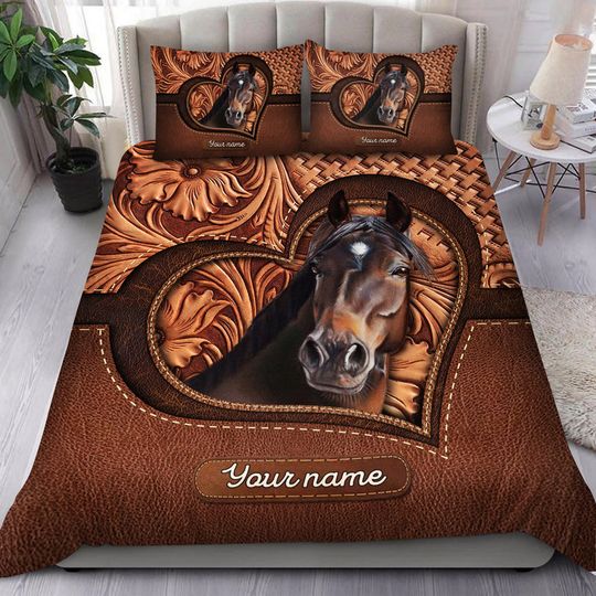 Discover Love Horse Breeds Custom Name Hoofprint Leather Pattern Personalized Bedding Set