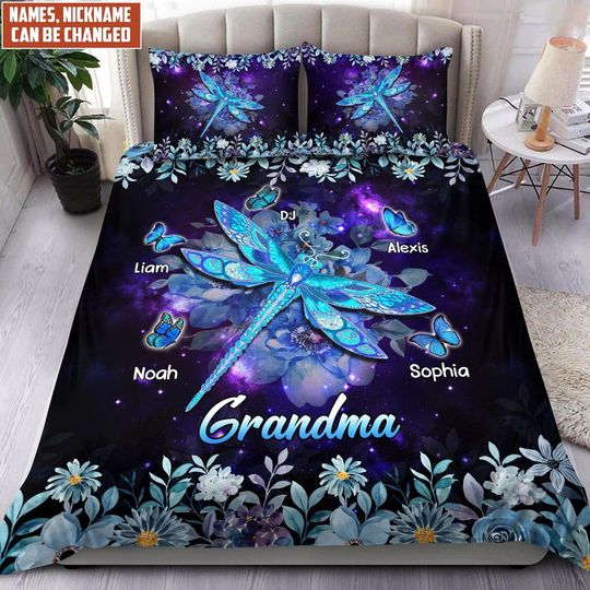 Discover Dragonfly And Butterflies With Flowers Grandma With Grandkids Personalized Bedding Set