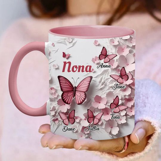 Discover Pink Butterflies and Flowers Wall Personalized Mug Gift For Grandma Mom