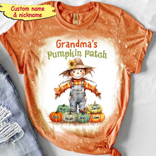 Discover Grandma's Pumpkin Patch Scarecrow Grandma With Little Pumpkin Kids Personalized 3D T-Shirt