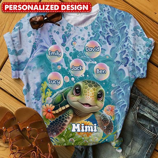 Discover Beachy Sea Turtle Tough Grandma Mom With Grandkids Personalized 3D T-Shirt