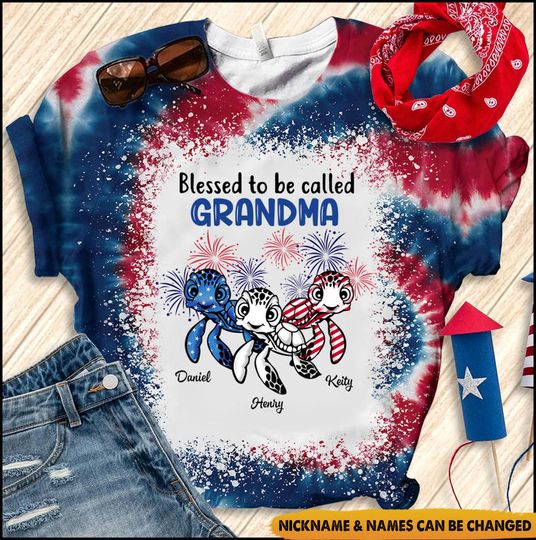 Discover USA July 4th Grandma Mom Turtle Custom Nickname Names Independence Day 3D T-Shirt